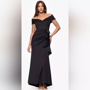 Size 14 - XSCAPE Elegant Off-Shoulder Black Scuba Mermaid Evening Gown $288